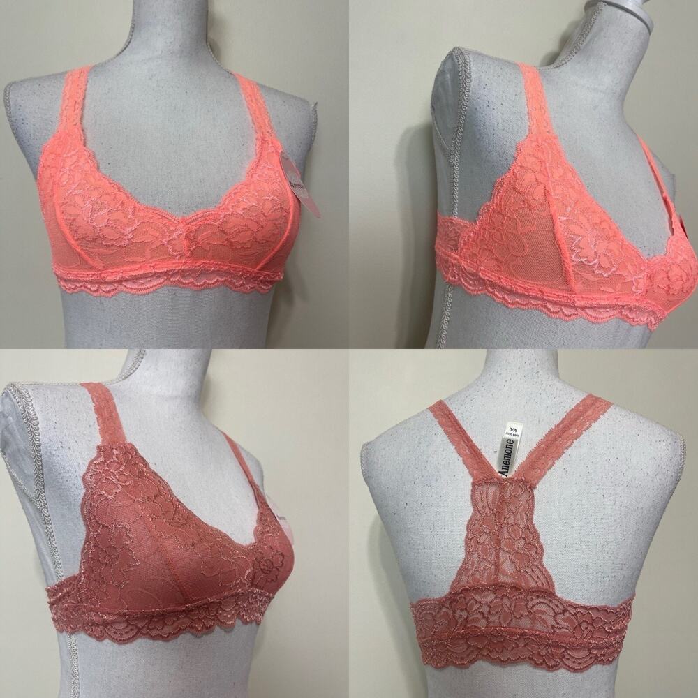 2 Anemone Women Lace Bralette Sexy Bra Floral Lingerie Racerback S/M Coral & …
